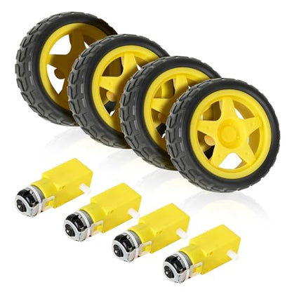 4 Sets TT Motor with Leads, DC 3-6V Gearbox Motor Dual Shaft 200RPM Ratio 1:48 Motor with Tire Wheel Kit for Arduino DIY Smart Car Robot