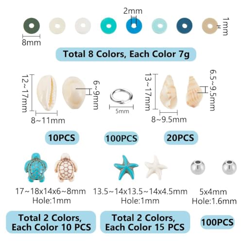 UNICRAFTALE 1 Box About 1000Pcs Turtle Beads Starfish Beads Bohemian Style Natural Shell Charms Colorful Flat Round Summer Ocean Sea Animal Bead Set Flat Preppy Bead for Jewelry Making - color: White & Blue