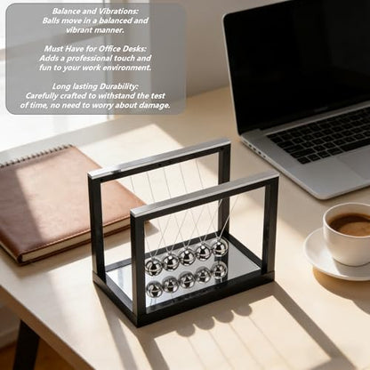 Newtons Cradle with 5 Stainless Steel Balls & Mirror Base - Classic Physics Pendulum Swing Balance Ball, Science Desk Decor for Office Home Decoration, Stress Relief Gift