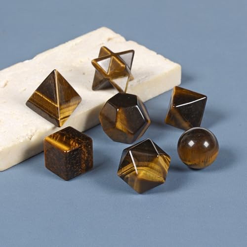 Justinstones 7-Piece Golden Tiger Eye Natural Crystal Geometry Collection Healing Crystals Kit Sacred Geometry Platonic Solids Geometric Set Tumbled Stones Specimen Collection - style: Golden Tiger Eye