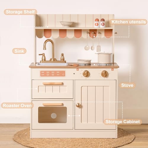 ROBOTIME Wooden Play Kitchen Set with Cutting Food, Ages 3+, 23in × 32in - color: Beige Color