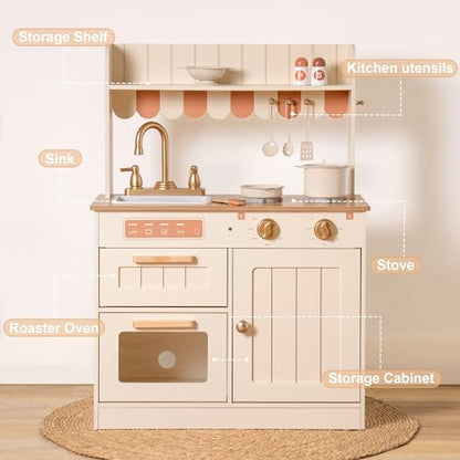 ROBOTIME Wooden Play Kitchen Set with Cutting Food, Ages 3+, 23in × 32in - color: Beige Color