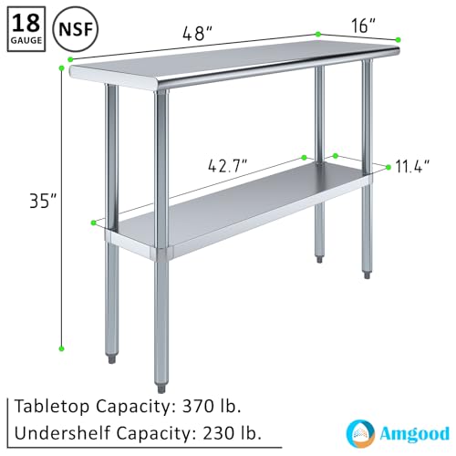 AmGood 16 in. x 48 in. Stainless Steel Work Table | Metal Kitchen Food Prep Table | NSF - size: 48 in. Long x 16 in. Deep without Wheels