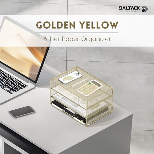 DALTACK 3 Tier Letter Tray Paper Organizer with Sliding Mesh Trays Yellow - color: Golden Yellow