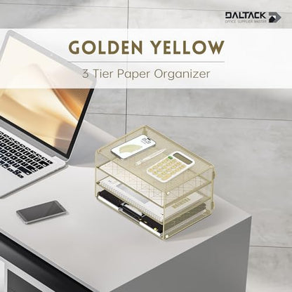 DALTACK 3 Tier Letter Tray Paper Organizer with Sliding Mesh Trays Yellow - color: Golden Yellow