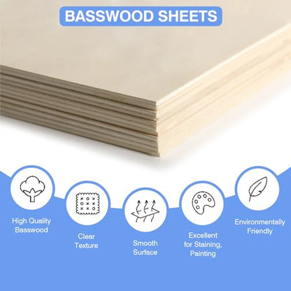 12 Pack Basswood Sheets for Crafts 12 x 18 x 1/8 in, 3mm Thick Unfinished Plywood for Laser Cutting & Engraving, DIY Ornaments and Architectural Model - size: 12"x18"x1/8"