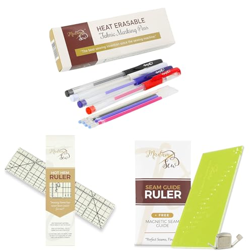 Madam Sew Heat Erasable Fabric Marking Pens, Seam Allowance Ruler and Magnetic Seam Guide, Hot Hem Ruler