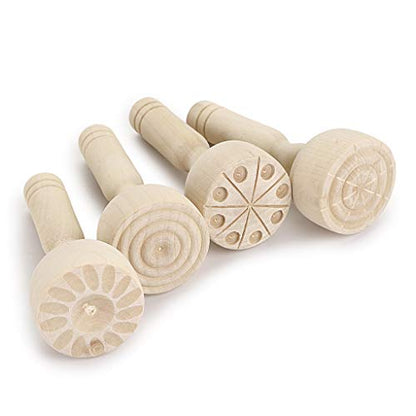 OwnMy Wood Clay Stamp Set, Wood Playdough Tools Handle Pottery Stamps, 4PCS