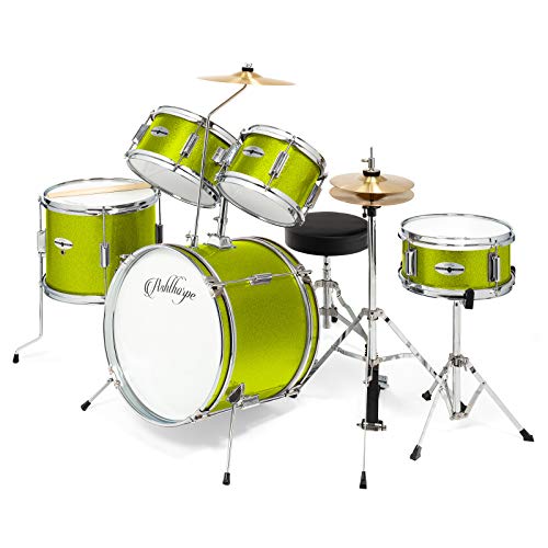 Ashthorpe 5-Piece Complete Kids Drum Set with Genuine Brass Cymbals - Junior Beginner Kit with 16" Bass, Throne, Hi-Hats, Pedals & Drumsticks - Green - color: Green