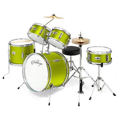 Ashthorpe 5-Piece Complete Kids Drum Set with Genuine Brass Cymbals - Junior Beginner Kit with 16" Bass, Throne, Hi-Hats, Pedals & Drumsticks - Green - color: Green