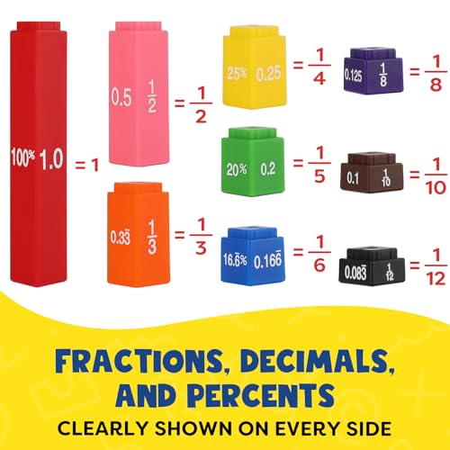 Aizweb Interlocking Fraction Manipulatives Cubes-Fraction Tiles Blocks,Equivalency Percent Decimals Cubes,Math Games Activity for Elementary Kids,Fraction Learning Tools Homeschool Classroom Supplies