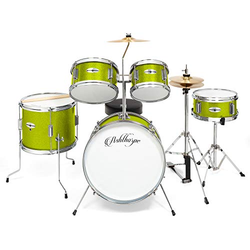 Ashthorpe 5-Piece Complete Kids Drum Set with Genuine Brass Cymbals - Junior Beginner Kit with 16" Bass, Throne, Hi-Hats, Pedals & Drumsticks - Green - color: Green
