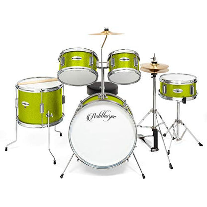 Ashthorpe 5-Piece Complete Kids Drum Set with Genuine Brass Cymbals - Junior Beginner Kit with 16" Bass, Throne, Hi-Hats, Pedals & Drumsticks - Green - color: Green