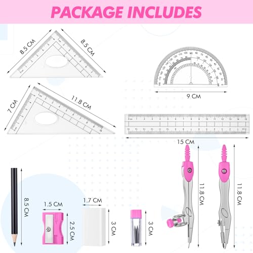 Zonon 10 Pcs Math Geometry Set for Student Compass Protractor, Pink - color: Pink