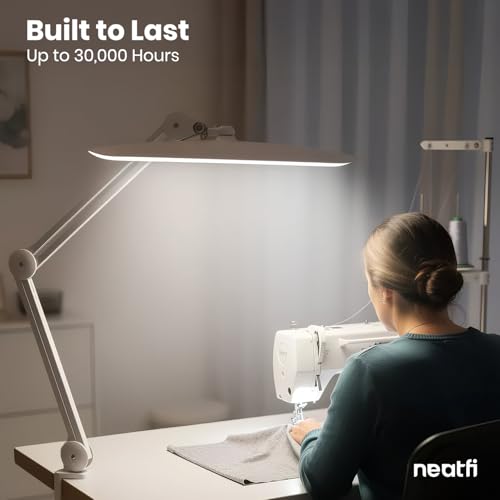 Neatfi XL 2200 Lumens 24W LED Desk Lamp – Shadow-Free Task Lighting | 4-Level Dimming | Home Office & Crafts Use | 20-Inch Wide Head (White, Non-CCT with Clamp) - color: White, size: Non-CCT with Clamp