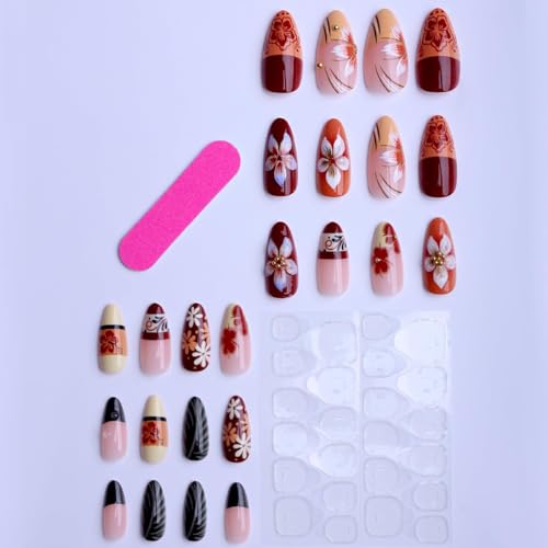 Almond Press on Nails Long Orange Fake Nailwith 3D Flowers Designs Acrylic Nail Press ons Classic Daisy Stick on Nails for Women 24pcs - color: Color01