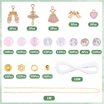 SUNNYCLUE 1 Box DIY 6 Sets Valentine's Day Glass Bead Bracelet Kit Dancer Charms Enamel Pink Heart Rhinestone Dance Dress Shoes Gold Bowknot Charms for Jewelry Making Kits Beginner Wedding Supply - style: Dance 4