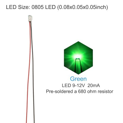 PATIKIL 0805 Pre-Wired Micro LED, 12 Pcs 9-12V Pre-soldered Mini Light Emitting Diodes Surface Mount Device for Model, DIY, 9.8" Length, Green - color: Green, size: 0805