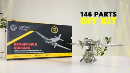 METAL-TIME Remarkable Douglas, Douglas DC-3 Model, 3D Metal Airplane Model Mechanical Building Kit, Unique Wind-Up Moving Mechanism, Stainless Steel DIY Construction with Toolbox - 146 Pieces.