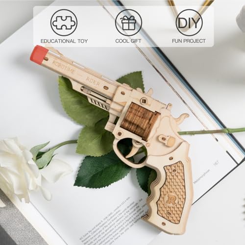 ROKR 3D Wooden Puzzles Rubber Band Toy Model Craft Kit Unique Gift Mechanical Model Brain Teaser (Revolver Toy)