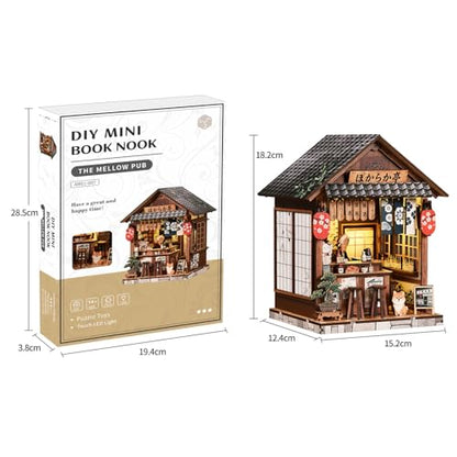 DIY Book Nook Kit with LED Light, Miniature Dollhouse, 3D Wooden Puzzle, Bookshelf Insert Decor Craft Gift (The Mellow Pub) - style: The Mellow Pub