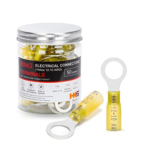 HKS 50 PCS Ring Terminals 3/8" Yellow 12-10 AWG - M10 - Electrical Connectors - Heat Shrink Wire Connector Kit - Tinned Red Copper - Automotive Marine Ring Connectors - Waterproof and Insulated - color: Yellow, size: 3/8" (M10)
