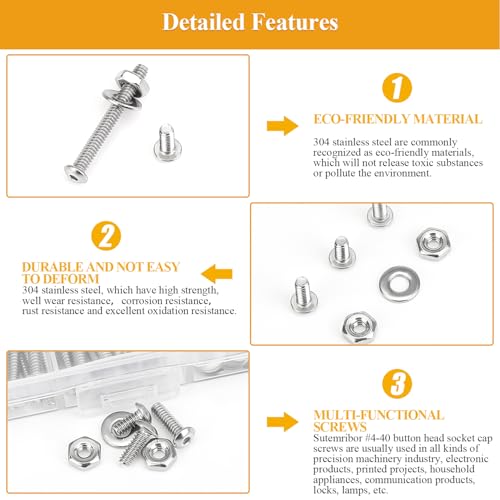 254 Pieces #4-40 x 3/16", 1/4", 5/16", 3/8", 1/2", 5/8", 3/4", 1", Button Head Socket Cap Screws Nuts Washers Assortment Kit - size: #4-40, style: Button Head Socket Cap