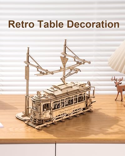 ROKR 3D Wooden Puzzles Model Car Kits for Adults to Build - Wooden Toy Tram Train Set with Railway - Wood 3D Puzzles for Adults - Gift Idea for Christmas Father's Day Birthday