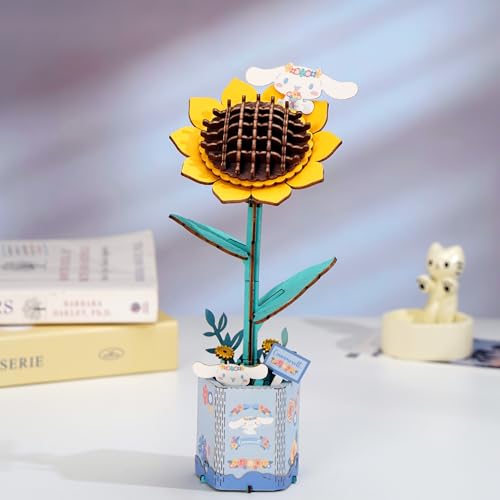 Hands Craft Hello Kitty and Friends Cinnamoroll Sunflower 3D Wooden Puzzle Kit | DIY Flower Model | Arts & Crafts | Creative Hobby Kits | Cinnamoroll Character | Wood Building Set - color: Cinnamaroll Sunflower