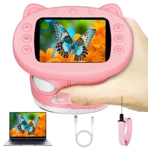 Pocket Kids Microscope, 1000X Handheld Microscope for Kids w/2.4'' Screen, Photo Video Mini Portable Microscopes Science Edu Digiscope, Christmas Birthday Gifts Ideas for Kids Ages 3-12 - color: Pink