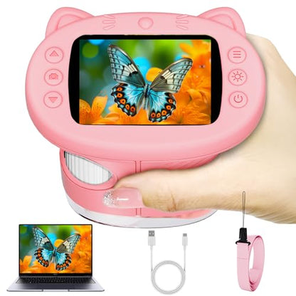 Pocket Kids Microscope, 1000X Handheld Microscope for Kids w/2.4'' Screen, Photo Video Mini Portable Microscopes Science Edu Digiscope, Christmas Birthday Gifts Ideas for Kids Ages 3-12 - color: Pink