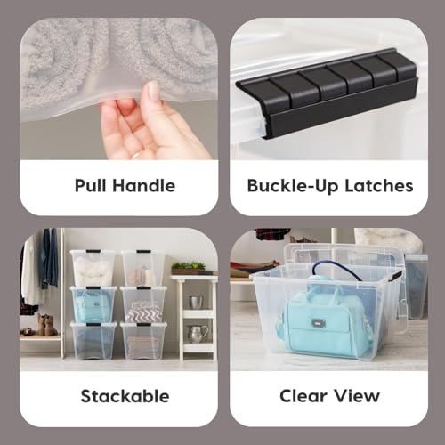 IRIS USA 54 Qt Stackable Plastic Storage Bins with Lids, 12 Pack - BPA-Free, Made in USA - See-Through Organizing Solution, Latches, Durable Nestable Containers, Secure Pull Handle - Clear - size: 54 Qt, style: 12 Pack