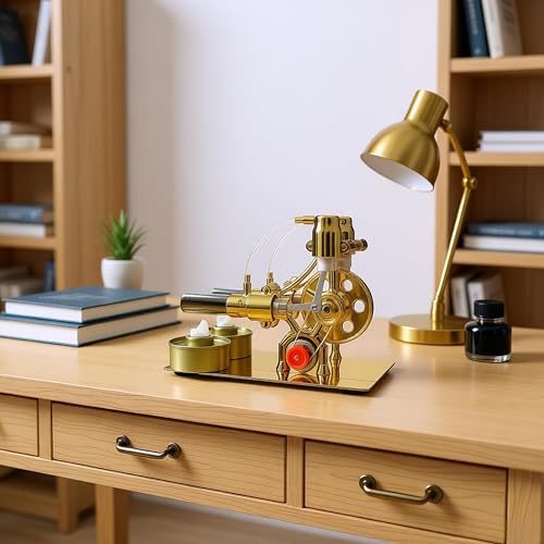 MagicTech Hot Air Stirling Engine Double Cylinder Electricity Power Metal Physics Assembly Model Golden JY43 - size: 6.29 x 3.43 x 4.72 Inch
