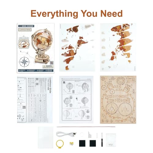 ROBOTIME 3D Wooden Puzzle for Adults- Luminous Globe ST003 - Wooden 3D Puzzles for Adults with LED Light - Globe Model Building Kit for Teens & Adults