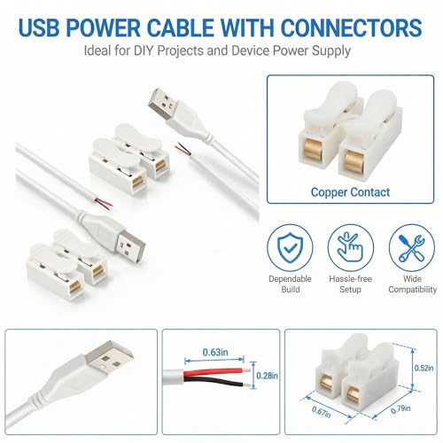 1.64ft White USB Pigtail Cable 2-Pack with Wire Connectors - color: Wire Connectors&White 1.64FT USB 2.0 Male