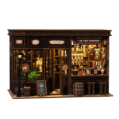 Book Nook Kit - DIY Miniature Dolls House Kit with Furniture and LED Light, 3D Puzzle Wooden Art Bookends, Model Kits for for Adults and Teens (Corner Tavern) - style: Corner Tavern