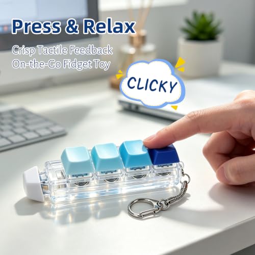 Keyboard Fidget Toy, 5-in-1 Decompression Button Clicker Keychain with Glowing LED, Portable Tactile Sensory Toy, Christmas Stocking Stuffers Gift for Adults Teens, Stress Relief ASMR (Blue) - color: Blue