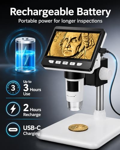 Digital Coin Microscope 1000X, 4.3" LCD Coin Magnifier with Screen for Error Coins, 1080P USB Microscope with 8 Adjustable LED Lights, Photo & Video, Built-in Storage, Compatible with Windows/MacOS - color: White