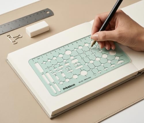 Printtoo 2 mm Acrylic Geometry Combination Template 18 x 10.5 cm, Multi Shape Drawing Stencil Ruler with Circles Rectangles Hexagons Slots for Drafting Design Engineering Architecture Art - color: Series-PRTD-2141