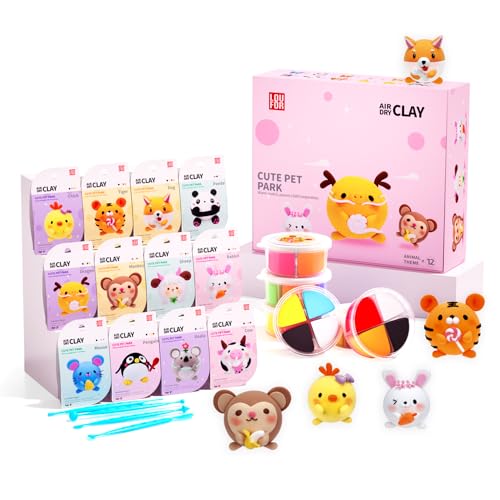 LOUFOR Air Dry Clay Kit -12 Animals Modeling Clay for Kids Arts and Crafts - color: #02Pink- Cute Pet Park