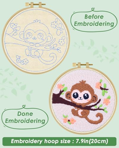 ERKOON Punch Needle Kit for Beginners Adults, DIY Easy Animals Embroidery Set for Starter Art Craft, Needling Punch Project with Patterns, Tools, Yarns, Hoop, Instruction (Monkey) - color: Monkey