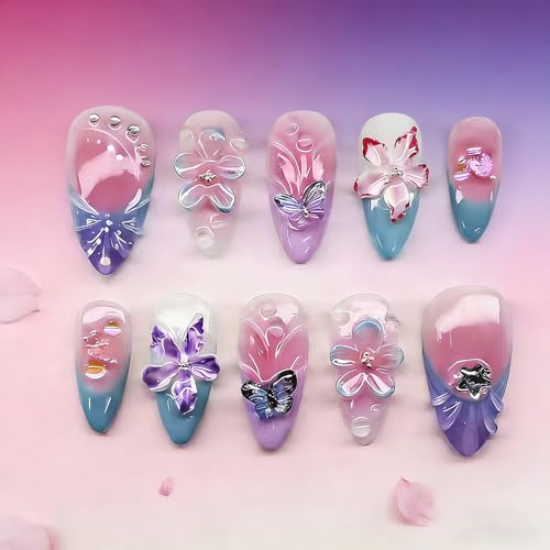 Purple Press on Nails Almond Short Gradient Press on False Nails 3D Flowers and Butterfly Sparkly Rhinestones Stick on Nail for Women 24pcs - color: Color43