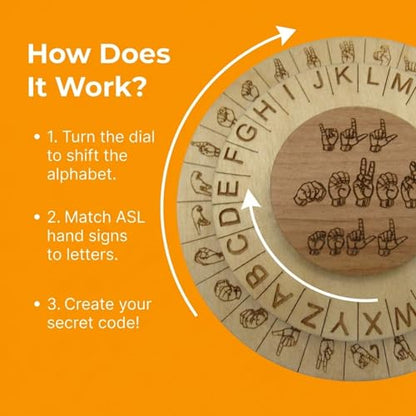 Wooden ASL Cipher Wheel & Decoder | Educational STEM Tool for Learning American Sign Language & Cryptography | Unique Gift for Teachers & Students, Durable Escape Room Puzzle Prop - size: Sign Language