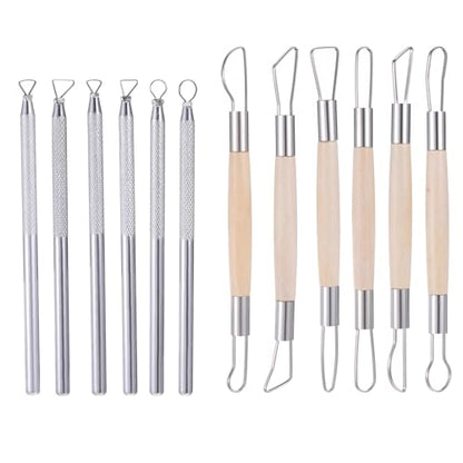 12PCS Double-Sided Clay Sculpting Tools, Wooden Handle Clay Carving Tools Clays Wire Loop Sculpture Set Clays Pottery Sculpting Tool Set for Ceramic, Carving Modeling - color: Silver + Wood