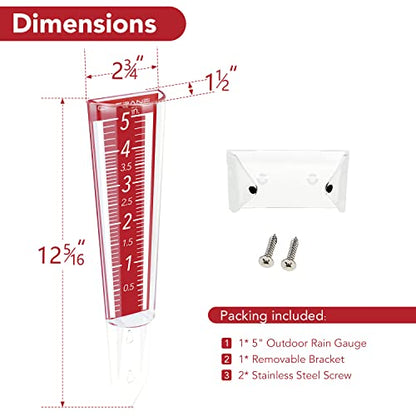 Circrane 5-Inch Capacity Outdoor Rain Gauge with Additional Hang Bracket& Stainless Steel Screws, Magnifying Scale and Numbers Design for Easy Read (Red) - color: Red