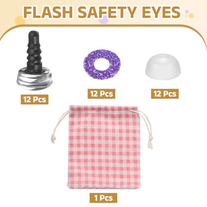 MECCANIXITY 12 Pcs Glitter Safety Eyes, 9mm Plastic 3D Crochet Doll Eyes with Washers and Drawstring Bag for Puppet Bear DIY Crafts Stuffed Animals Making Supplies, Purple - color: Purple