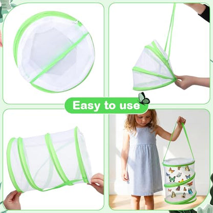 Sherr 12 Pack Butterfly Habitat Cage, 9"x11" Pop-up Mesh Butterfly Net Terrarium, Reusable Caterpillar Raising Kit, Portable Bug Catcher Enclosure for Transporting and Raising Critter (Green) - color: green