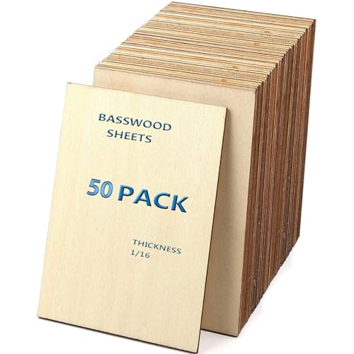 Unfinished Wood Pieces,50Pcs Basswood Sheets 1/16,Thin Plywood Wood Sheets for Crafts,Perfect for DIY Projects, Painting, Drawing, Laser,Engraving,Burning and CNC Cutting(150x100x1.5mm)