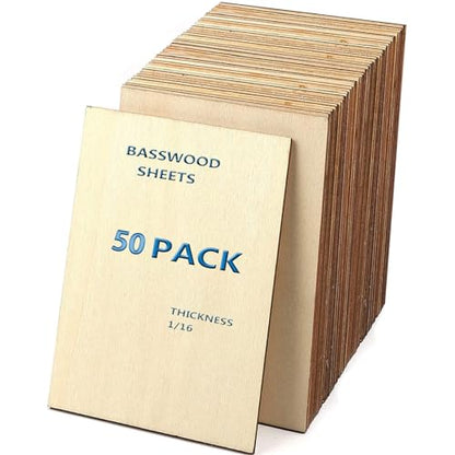 Unfinished Wood Pieces,50Pcs Basswood Sheets 1/16,Thin Plywood Wood Sheets for Crafts,Perfect for DIY Projects, Painting, Drawing, Laser,Engraving,Burning and CNC Cutting(150x100x1.5mm)