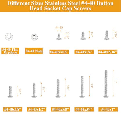 254 Pieces #4-40 x 3/16", 1/4", 5/16", 3/8", 1/2", 5/8", 3/4", 1", Button Head Socket Cap Screws Nuts Washers Assortment Kit - size: #4-40, style: Button Head Socket Cap